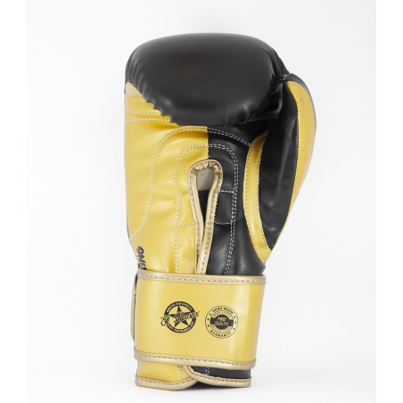 guantes de boxeo de piel sintética, cierre con velcro, color negro y oro