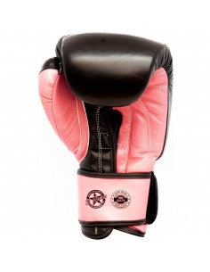 guantes de boxeo de piel, cierre de velcro, color negro y rosa 2