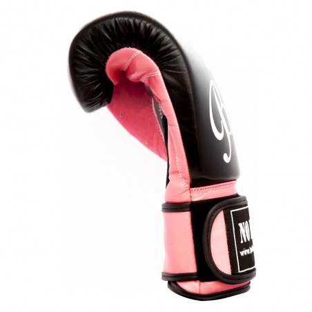 guantes de boxeo de piel, cierre de velcro, color negro y rosa