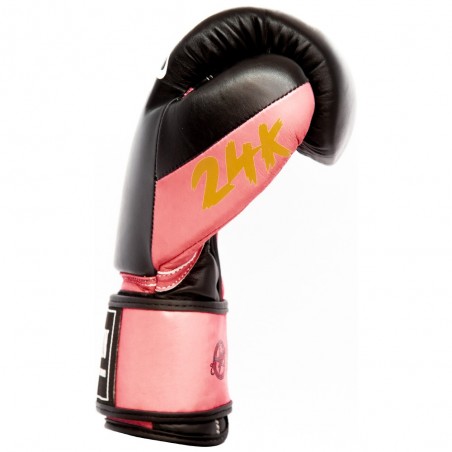 guantes de boxeo de piel, cierre de velcro, color negro y rosa