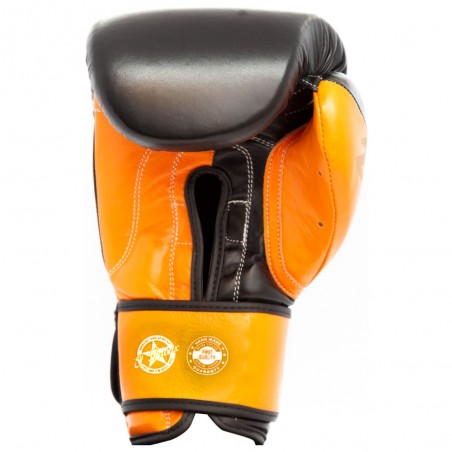 guantes de boxeo de piel, cierre de velcro, color naranja y negro