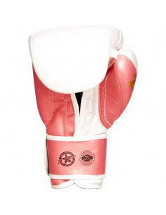 guantes de boxeo de piel, cierre con velcro, color rosa y blanco 2