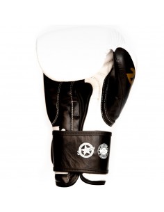 guantes de boxeo de piel, cierre con velcro, color blanco y negro 2