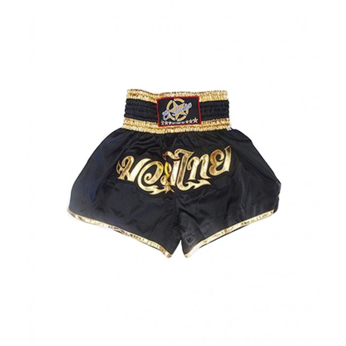 shorts para entrenamiento de kick boxing, muay thai, k1, de la marca el bronx en color negro y detalles en oro
