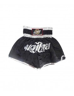 shorts para entrenamiento de kick boxing, muay thai, k1, de la marca el bronx en color negro y detalles en plata