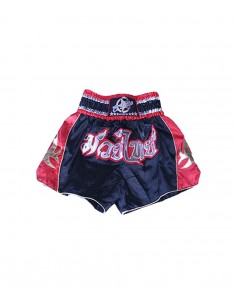shorts para entrenamiento de kick boxing, muay thai, k1, de la marca el bronx en color negro con rojo