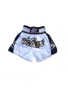 shorts para entrenamiento de kick boxing, muay thai, k1, de la marca el bronx en color blanco con lateral en color negro