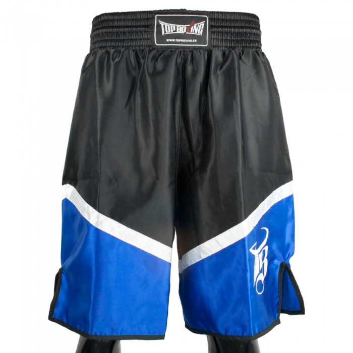 pantalon de boxeo de el bronx en color negro y azul y detalles en blanco , en tela saten