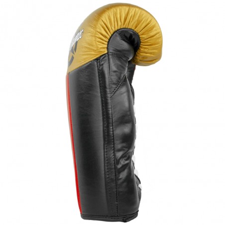 guantes de boxeo de piel, cierre con cuerdas, color rojo, negro y oro