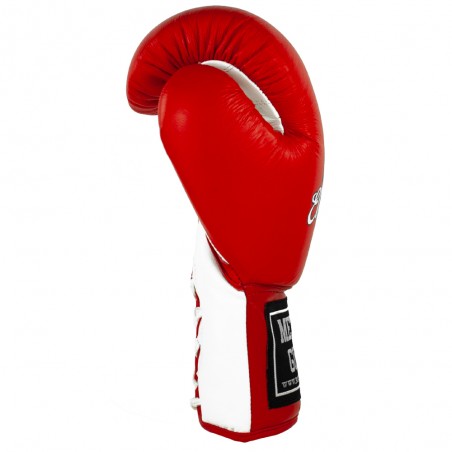 guantes de boxeo de piel, cierre de cuerdas, color rojo y blanco