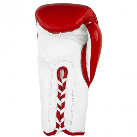 guantes de boxeo de piel, cierre de cuerdas, color rojo y blanco