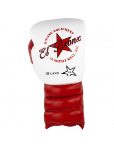 guantes de boxeo de piel, cierre con cuerdas, color blanco y rojo