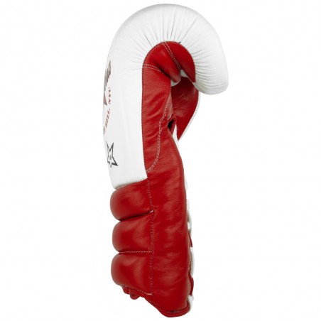 guantes de boxeo de piel, cierre con cuerdas, color blanco y rojo