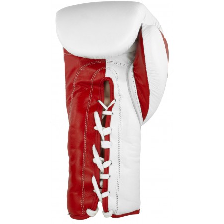 guantes de boxeo de piel, cierre con cuerdas, color blanco y rojo