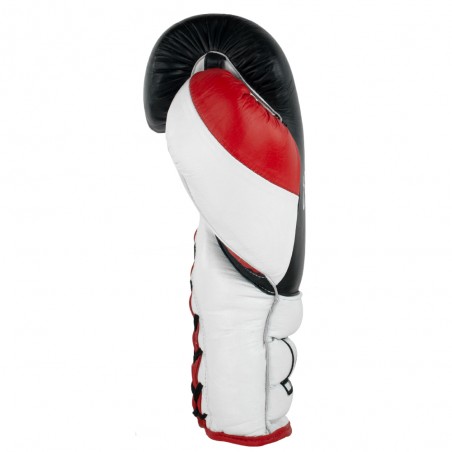 guanes de boxeo de piel, cierre con cuerdas, color negro, rojo y blanco