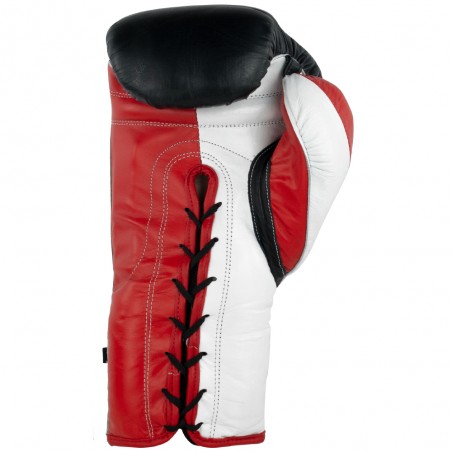 guanes de boxeo de piel, cierre con cuerdas, color negro, rojo y blanco