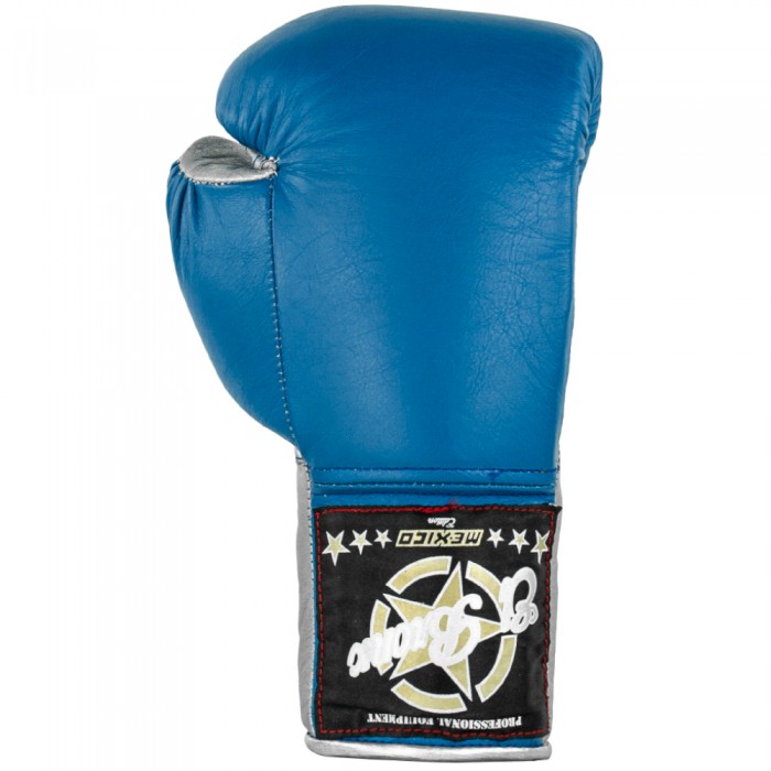 guantes de boxeo de piel, cierre con cuerdas, color azul y plata
