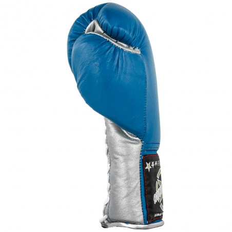 guantes de boxeo de piel, cierre con cuerdas, color azul y plata