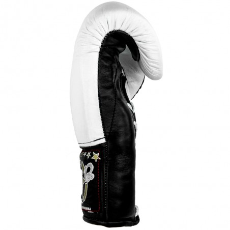 guantes de boxeo de piel, cierre con cuerdas, color blanco y negro
