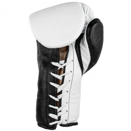 guantes de boxeo de piel, cierre con cuerdas, color blanco y negro
