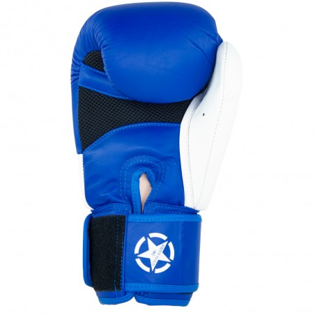 guantes de boxeo de piel, cierre con velcro, color blanco y azul