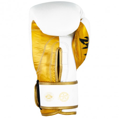 guantes de boxeo de piel, cierre de velcro, color blanco y oro