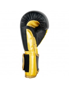 guantes de boxeo de piel sintética, cierre con velcro, color negro y oro 2