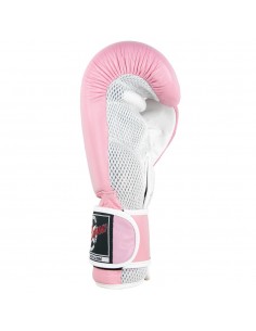 guantes de boxeo de piel, cierre con velcro, color rosa y blanco 2