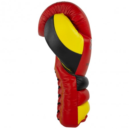 guantes de boxeo de piel, cierre con cuerdas, color rojo, negro y amarillo
