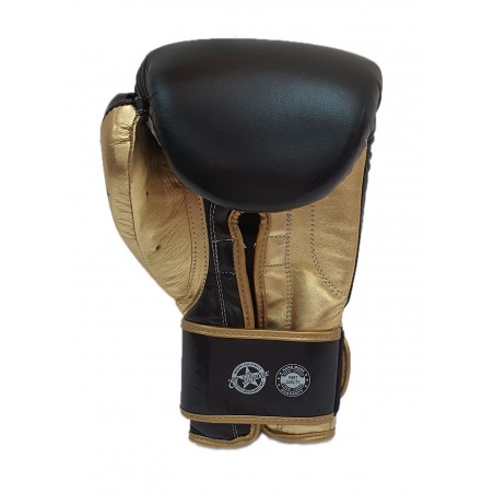 guantes de boxeo de piel, cierre de velcro, color negro y oro