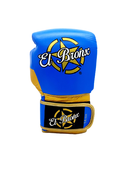 guantes de boxeo de piel, cierre con velcro, color azul y oro