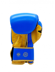 guantes de boxeo de piel, cierre con velcro, color azul y oro 2