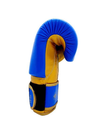 guantes de boxeo de piel, cierre con velcro, color azul y oro