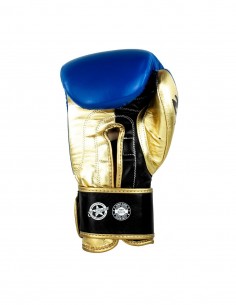 guantes de boxeo de piel, cierre de velcro, color azul y oro 2