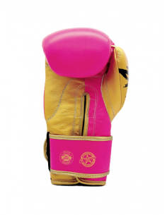 guantes de boxeo de piel, con velcro, color rosa y oro 2