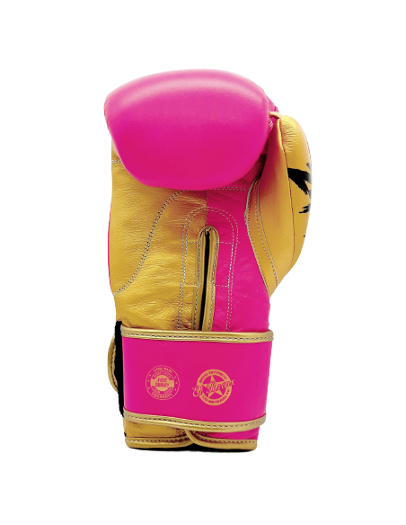guantes de boxeo de piel, con velcro, color rosa y oro