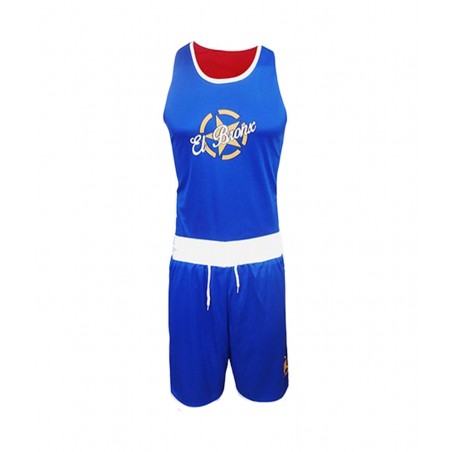 traje de competicon de boxeo amateur reversible rojo y azul de el bronx