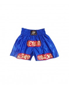 shorts para entrenamiento de kick boxing, muay thai, k1, de la marca el bronx en color azul con bordado en rojo