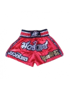 shorts para entrenamiento de kick boxing, muay thai, k1, de la marca el bronx en color rojo con detalles varios