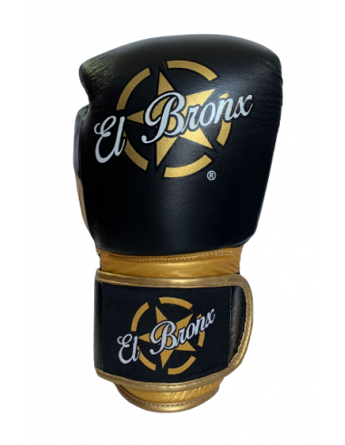 guantes de boxeo de piel, cierre con velcro, color negro y oro