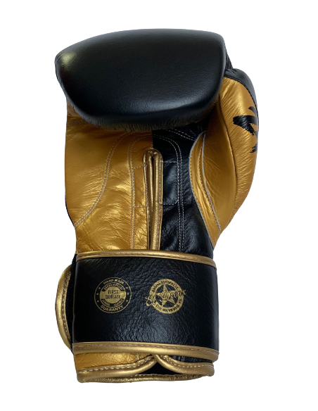 guantes de boxeo de piel, cierre con velcro, color negro y oro