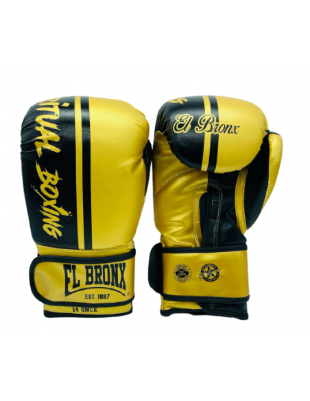 guantes de boxeo de piel sintética, color negro y oro