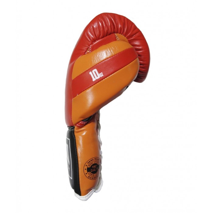 guantes de boxeo de piel, cierre con cuerdas, color rojo, naranja y negro.