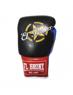 guantes de boxeo de piel, cierre con cuerdas, color rojo, azul y negro