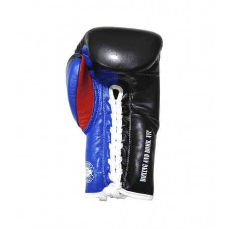 guantes de boxeo de piel, cierre con cuerdas, color rojo, azul y negro