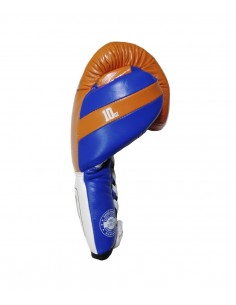 guantes de boxeo de piel, cierre de cuerdas, color naranja, azul y blanco 2