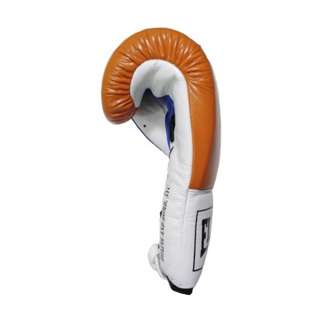 guantes de boxeo de piel, cierre de cuerdas, color naranja, azul y blanco
