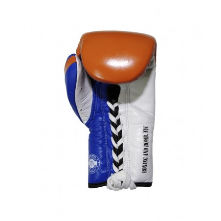 guantes de boxeo de piel, cierre de cuerdas, color naranja, azul y blanco